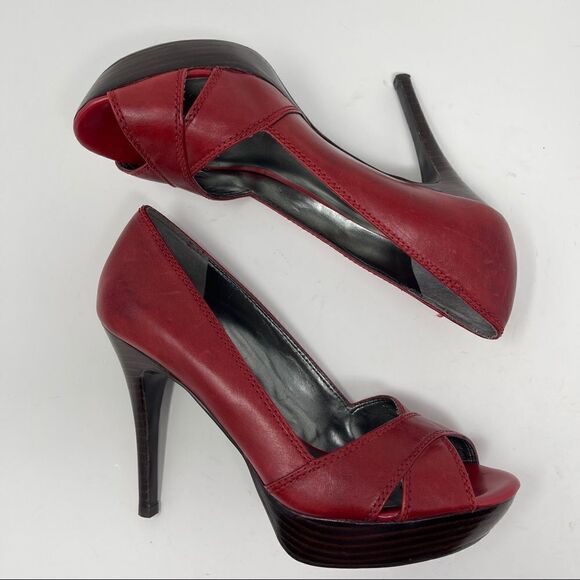 Guess Shoes GFBELVA Red Peep Toe Leather Pump Platform Women's 6.5M Stacked Heel - Picture 4 of 10